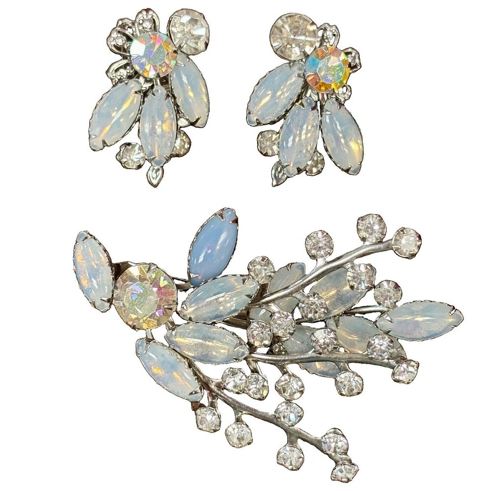 Vintage Moonglow Glass AB Rhinestone Brooch Earrings Demi Parure Floral Set